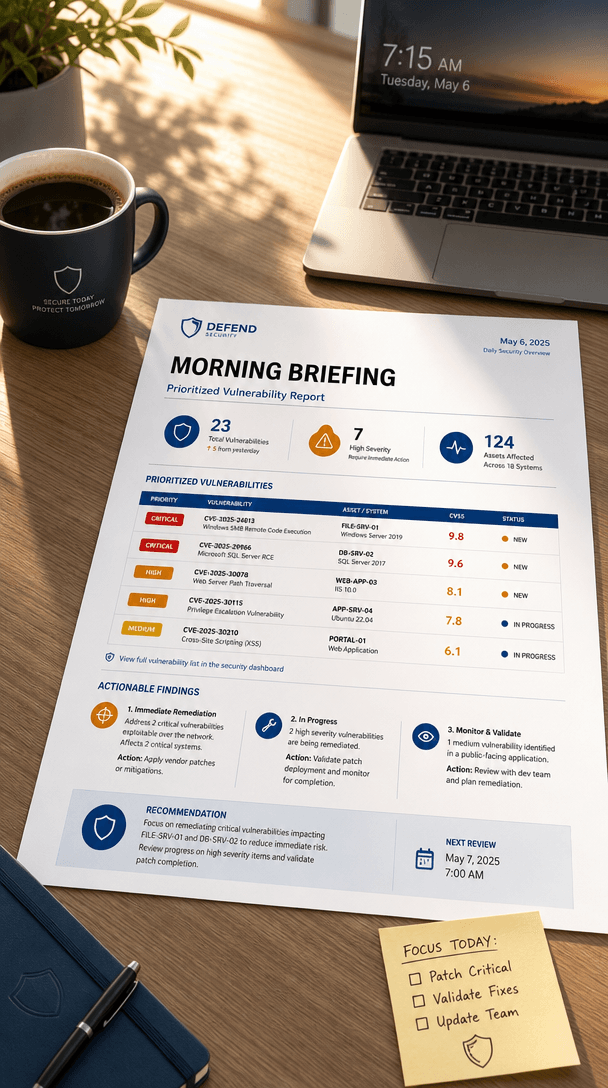 Sample Dawnbrief morning brief — prioritized vulnerability findings ready to forward